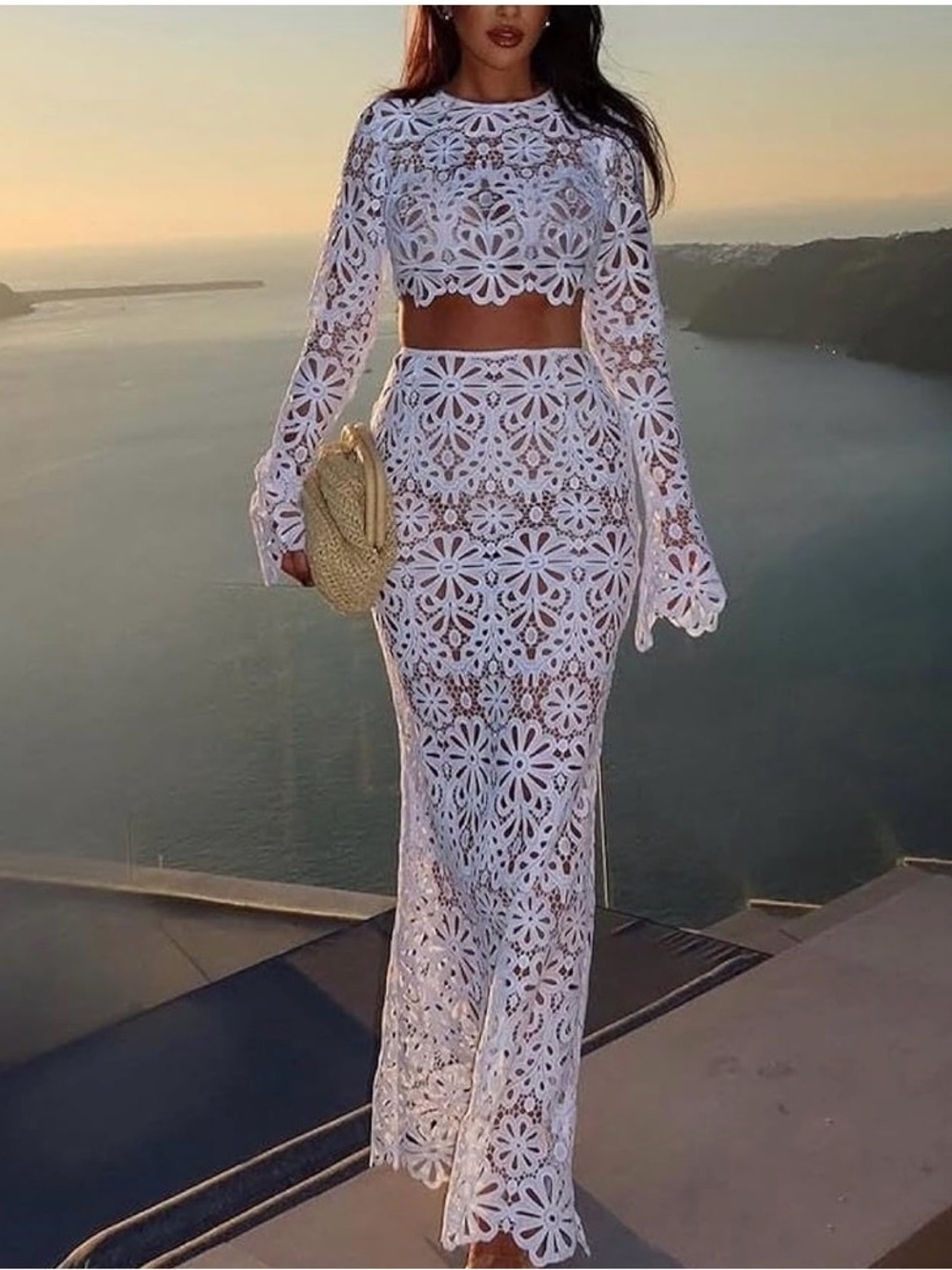 White Floral Eyelet Two-Piece Skirt Set